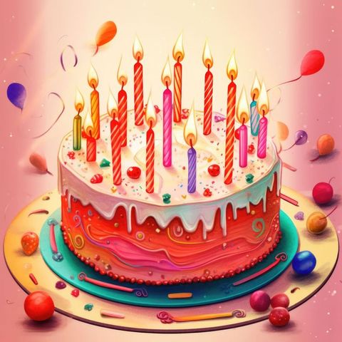 Colorful Lit Birthday Cake with Festive Candles