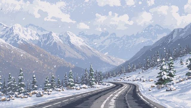 Winding snowy mountain road curving through alpine valley with pine trees and tire tracks