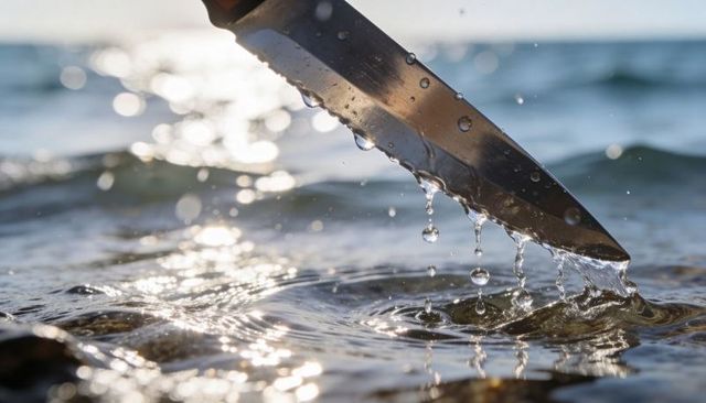 Knife blade dripping water at shoreline with sunlit ripples and bokeh glow