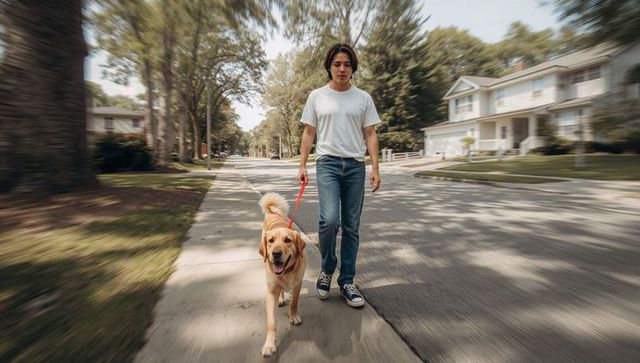 Man Walking Golden Retriever on Tree-Lined Suburban Walkway