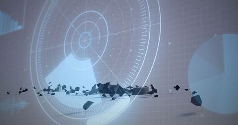 Futuristic Digital Interface with Moving 3D Polygons and Data Elements