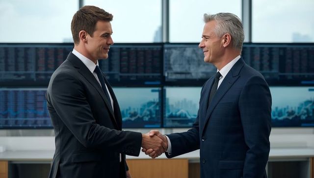Two Business Professionals Shaking Hands on Trading Floor