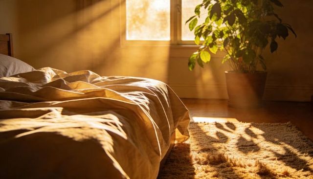 Sunlit unmade bed soaking golden morning rays with leafy plant, textured rug, warm decor