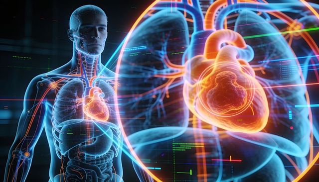 Male torso model showing heart, lungs and vessels with holographic magnified overlay