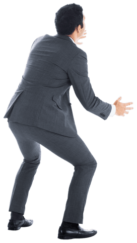 Back view of asian businessman in gray suit on transparent background