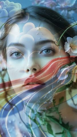 Flowing ribbon shifting across ethereal portrait with blossoms and dewdrops vertical video