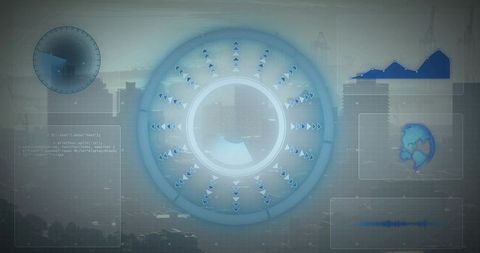 Futuristic hud interface overlay over hazy city skyline with circular data dashboard