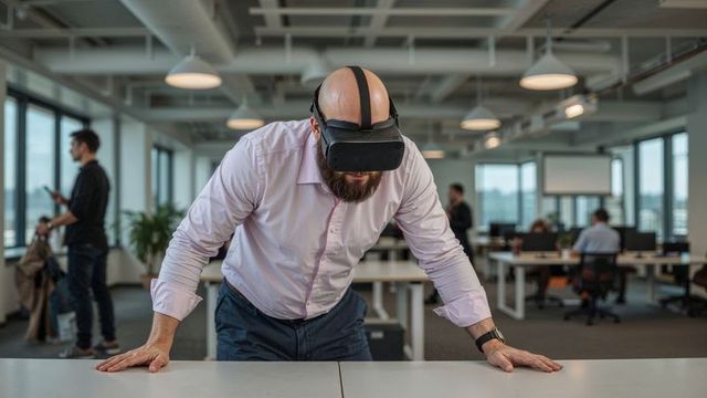 Man Engaged with VR Headset for Innovative Office Work Experience