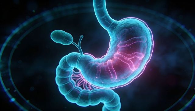 Neon Translucent 3D Stomach, Esophagus, Duodenum, Gallbladder with Glowing Rugae and HUD Rings