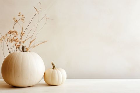 Minimalist Still Life with White Pumpkins and Dried Flowers