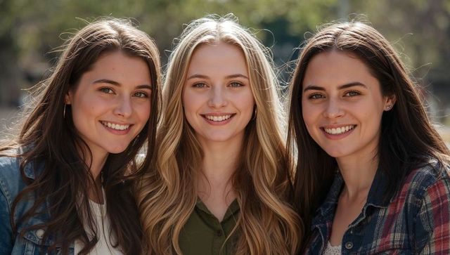 Smiling trio outdoors in sunlight wearing denim jackets and green blouse friendship portrait