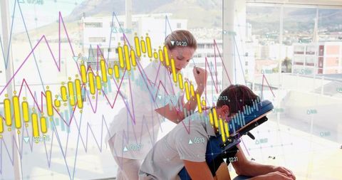 Therapist Massaging Client on Portable Chair with Analytics Overlay for Corporate Wellness