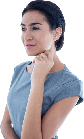 Thoughtful Businesswoman Gazing in Office Wearing Gray Dress Transparent