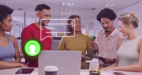 Business Team Collaborating with Digital Interfaces in Modern Office