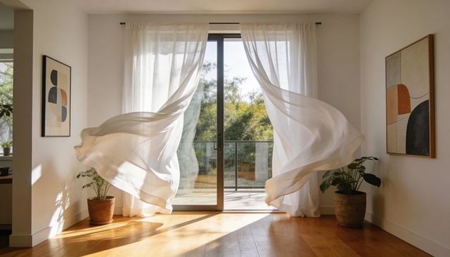Billowing sheer curtains framing sunlit sliding doors in minimalist living room and plants