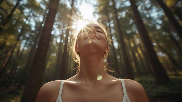 Sunlit joy: young woman breathing deep in pine forest with sunburst lens flare