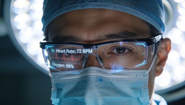Surgeon wearing ar smart glasses monitoring patient vitals while performing surgery