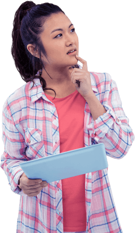Thoughtful Asian Woman Holding Tablet Against Transparent Background