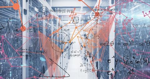 Futuristic Data Center with Mathematical Trigonometric Overlays