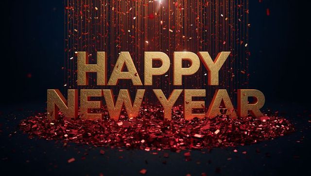 Golden Happy New Year Letters Gleaming with Red Confetti and Falling Glitter Under Spotlight