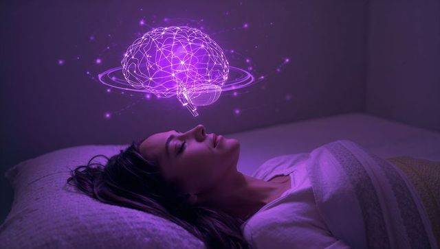 Young woman lying in bed with purple holographic brain hovering above head for dream tech
