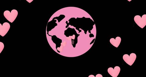 Pink globe with hearts symbolizing global love and care