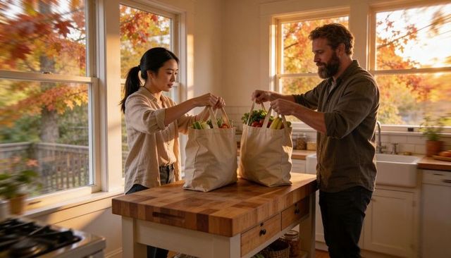 Couple unpacking groceries at sunlit rustic kitchen island during autumn with reusable bags