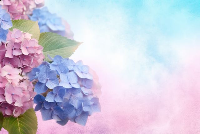 Blue and pink hydrangeas with copy space on pink and blue, created using generative ai technology. Flower, nature, colour and wallpaper concept digitally generated image.