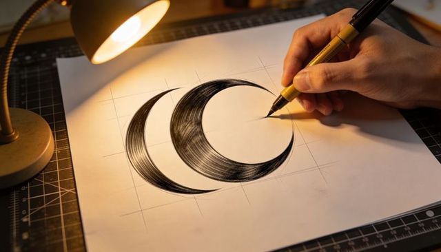 Hand drawing hatched crescent logo on grid paper under warm lamp with precision pen