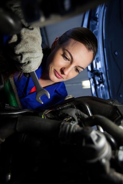Female mechanic in blue uniform carefully examining the car engine in a repair garage. She is using a wrench, demonstrating precision and expertise in her work. Ideal for depicting skilled trades, automotive repair services, women in non-traditional careers, and professional training. Useful for websites, brochures, advertisements, and blogs related to car maintenance, mechanical engineering, and gender diversity in the workforce.