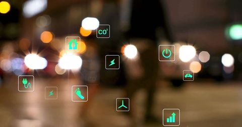 Futuristic Urban Night Scene with Eco-Friendly Icons