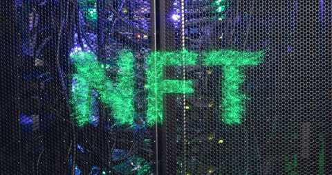 Neon NFT Sign Over Digital Network Grid Background