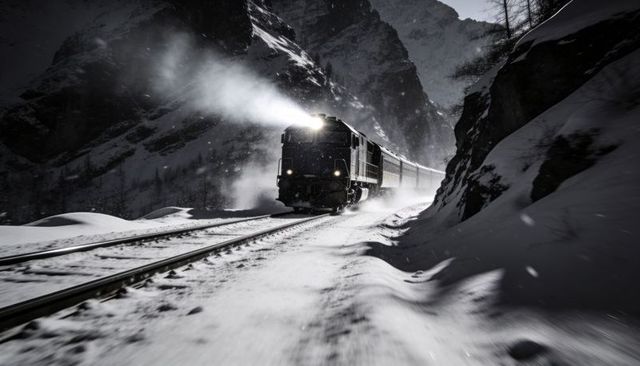 Diesel locomotive cutting through snowy alpine pass, headlight piercing winter storm