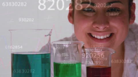 Innovative Scientist with Beakers and Data Overlay