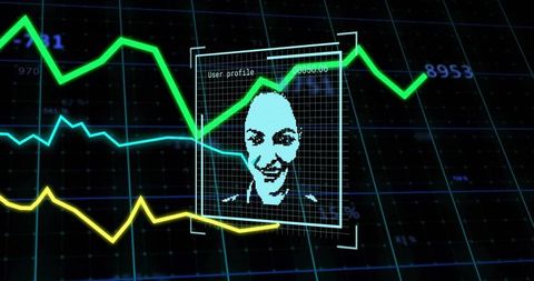 Neon HUD user profile showing pixel avatar with dynamic analytics graphs on digital grid