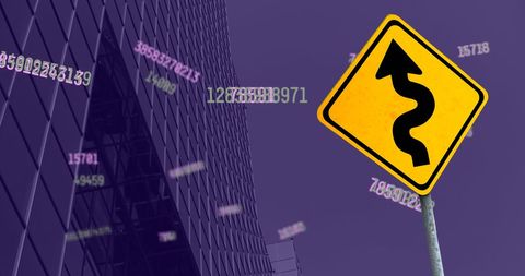 Financial data and curved road sign blending business realities