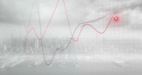 Rising red trend line over city skyline with financial grid highlighting market growth