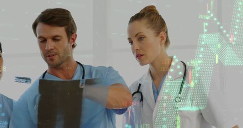 Medical professionals analyzing health data with digital interface overlay