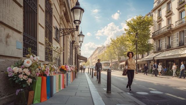 Woman strolling on flower-lined avenue with cafes and boutique shops urban street lifestyle