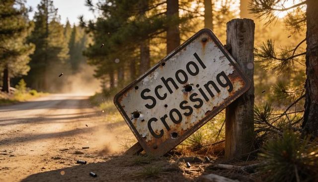 Leaning rusty school crossing sign riddled with bullet holes on dusty forest road