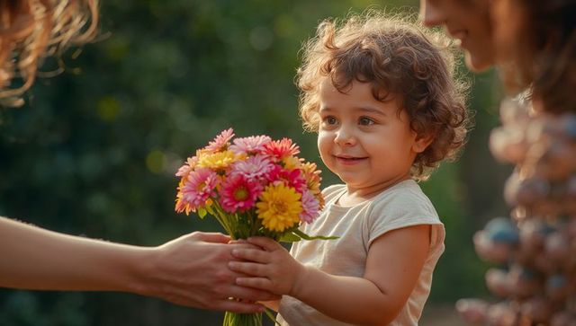 Smiling toddler receiving bright pink and yellow daisy bouquet in golden-hour garden