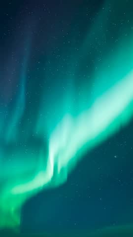 Vertical Aurora Borealis Drifting Upward Across Starry Sky, Green Blue Ribbon
