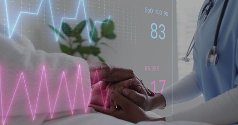 Doctor Holding Senior Patient Hands with Heart Rate Monitor
