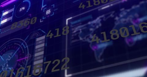 Futuristic Holographic Data Dashboard with Neon World Map and Numeric Overlays