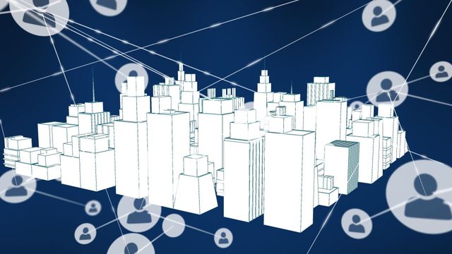 Futuristic illustration of a 3D city model showcases network connections symbolizing global communication. Skyscrapers accentuate the concept of urbanization intertwined with digital technology. Ideal for technology presentations, articles on global network infrastructure, or educational materials focusing on data communication. Suitable for demonstrating internet connectivity and modern telecommunication architecture.