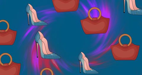 digitally generated pattern featuring purple high heels and red handbags on a dynamic colorful background. suitable for use in fashion design projects, artwork templates, and stylish backgrounds. ideal for attracting attention in fashion-related content and print materials.