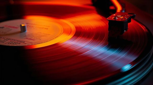 Spinning vinyl record on turntable with neon reflections and tonearm close-up