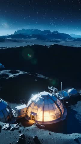 Vertical video panning down revealing lunar geodesic habitat glowing at crater rim under starfield