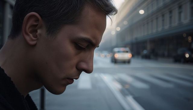 Moody urban portrait of man gazing at wet crosswalk during dusk with blurred headlights