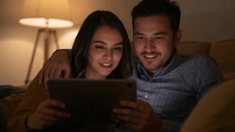 Couple Enjoying Cozy Evening with Tablet Technology